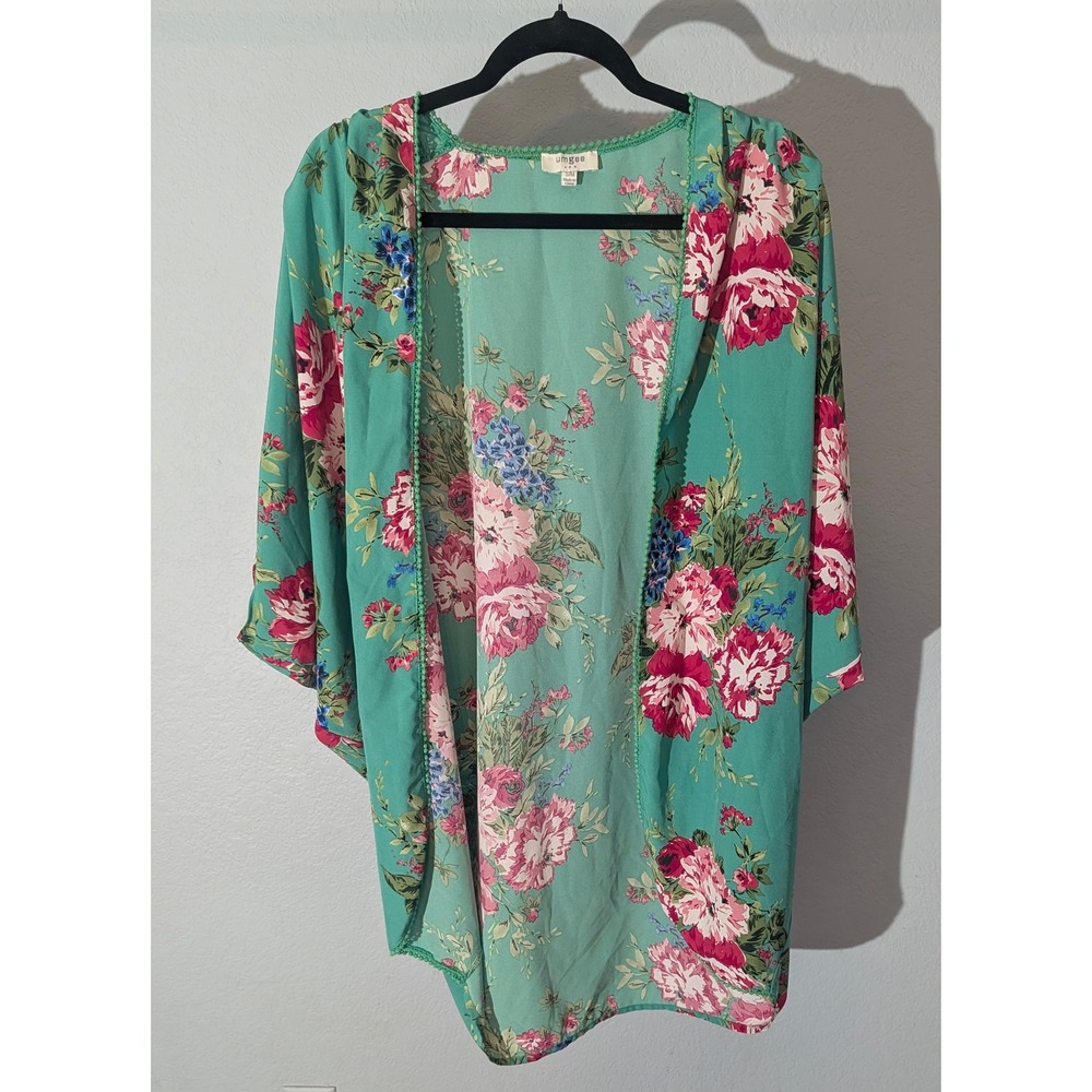 Umgee Floral Kimono Cardigan Teal Green Pink Rose Crochet Trim S/M Boho Layer